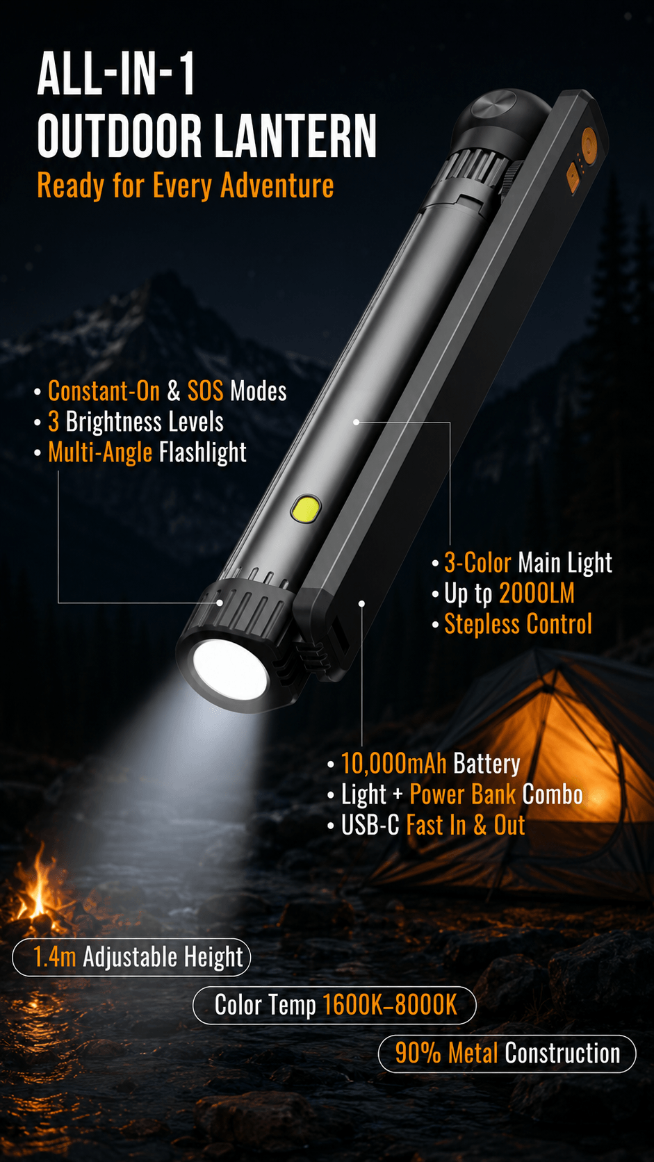 ThistleRay Z6 telescopic camping light showing 2000LM illumination